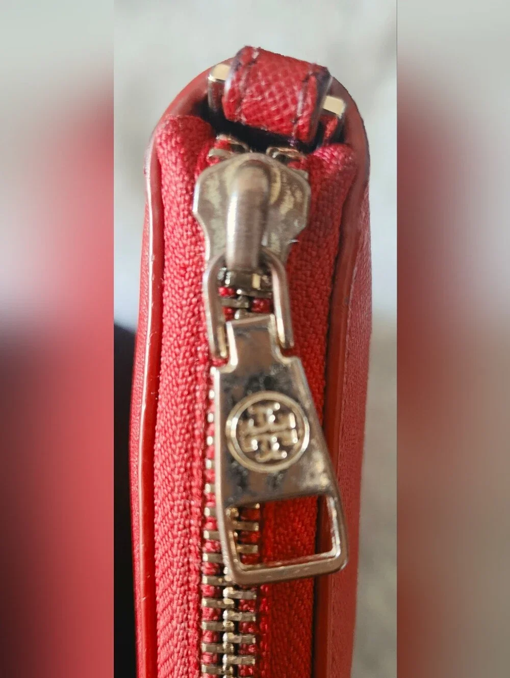 Tory Burch Orange-Red Saffiano Zip Wallet with Gold Logo